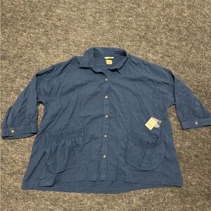 Free People Navy Button-Up Shirt with Frayed Label